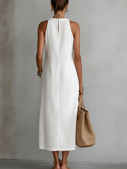 Jimena - Robe midi en lin à col mao